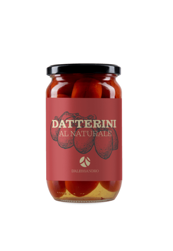 Barattolo di Datterini al naturale marchio D'ALESSANDRO. L'etichetta è rossa e contiene un ramo pieno di datterini