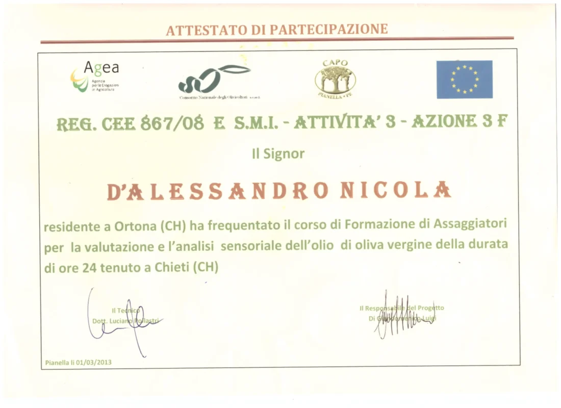 Attestato di assaggiatore d'olio extravergine di oliva certificato per Nicola D'Alessandro.