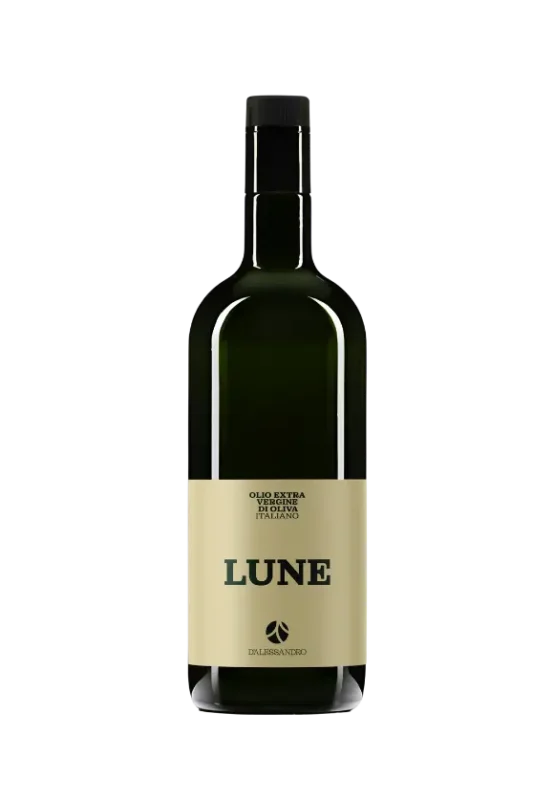 Bottiglia in vetro scuro da 1 litro di olio extra vergine di oliva LUNE D'Alessandro, ideale per uso regolare in cucina.